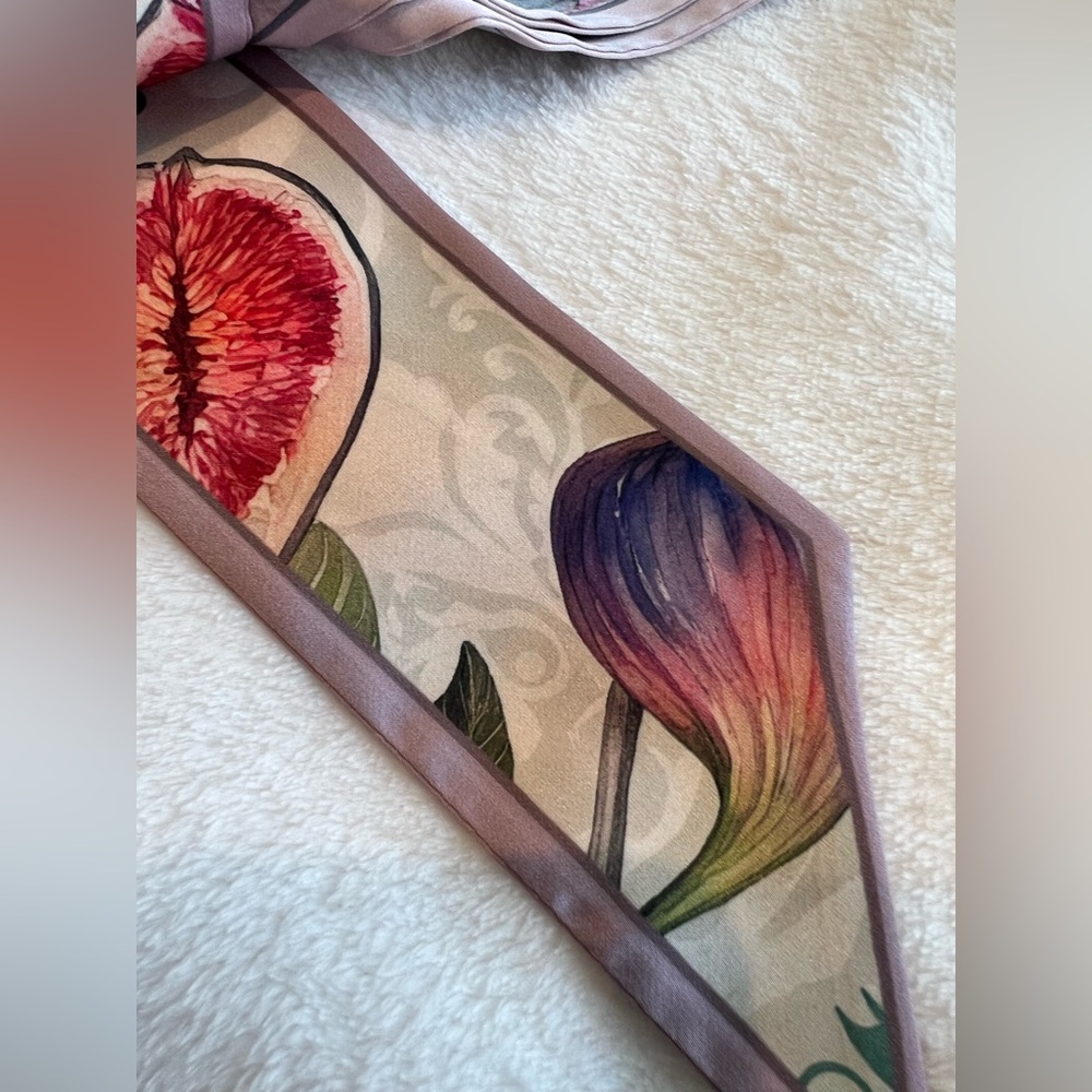 🌺Anthropologie Silky Skinny Hair Scarves NEW Pink Fig Floral Set of 2 - Picture 8 of 9